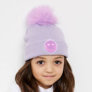🆓️ W/ $45 Purchase! Ardene Purple Pompom Beanie W/ Smiley Patch ~ Baby/Toddler
